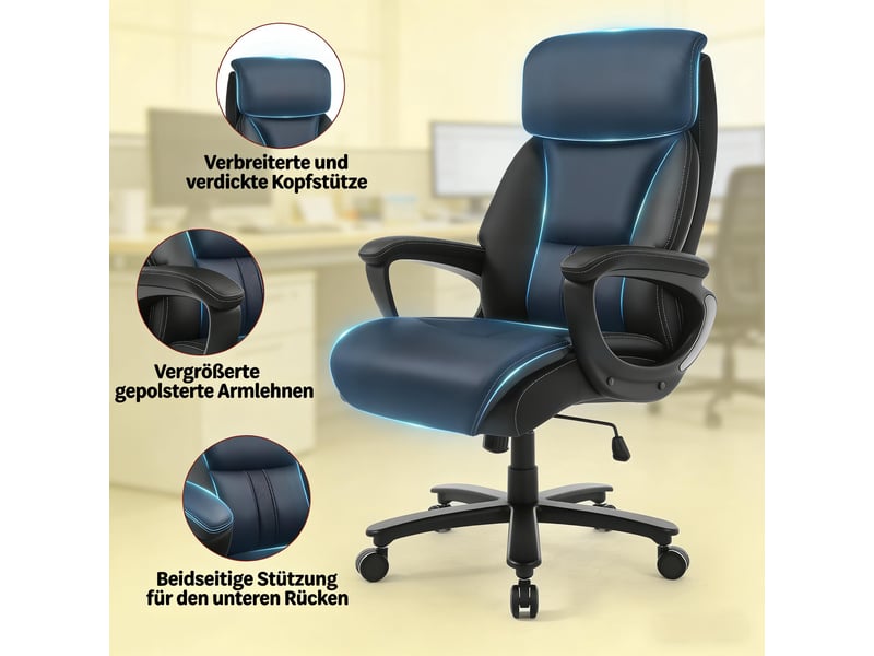 Chaise de bureau ergonomique inclinable à 15° - lpospi - appui-tête, soutien lombaire, polyuréthane noir 72 × 86 × 127 cm  - Conforama E