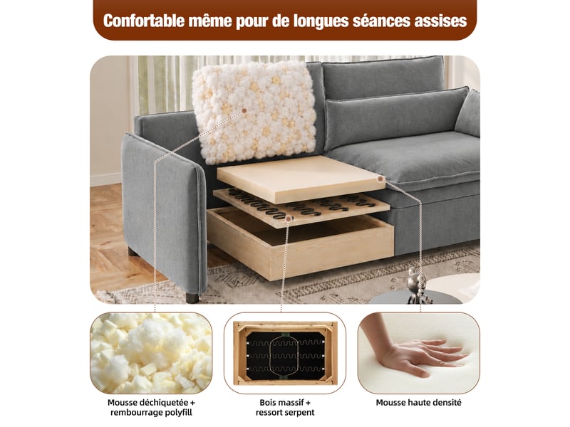  Canapé convertible 3 places gris clair en chenille avec rangement, 206 cm Fay Lum - Conforama R