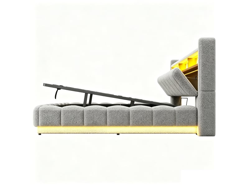  Lit coffre 180×200 cm double avec sommier métallique relevable, led, usb et prise, tissu bouclé gris  - Conforama D