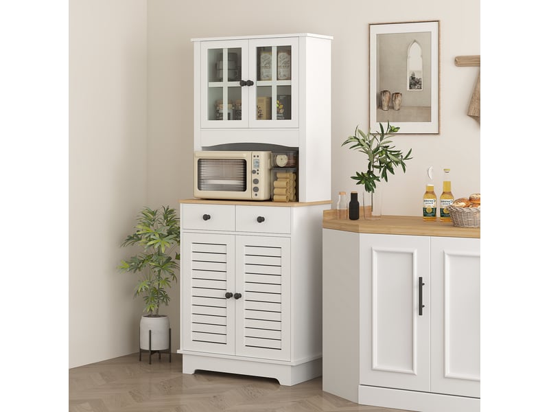  Meuble de cuisine avec portes vitrées, 2 tiroirs, vaisselier, meuble de salle à manger, bois, 68 x 39,5 x 170 cm, blanc  - Conforama C