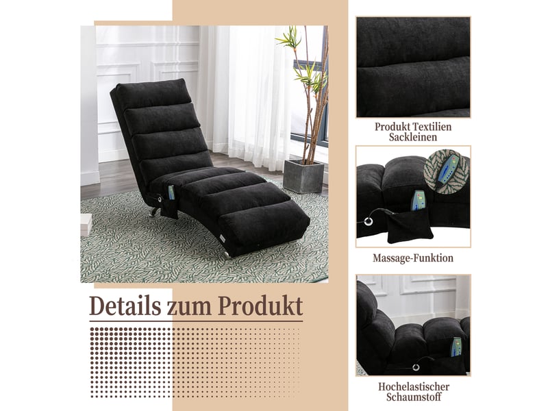  Fauteuil relax fixe vibrant 148x55x84 cm, dossier 140°, soutien complet, poches latérales, mousse, lin noir  - Conforama E