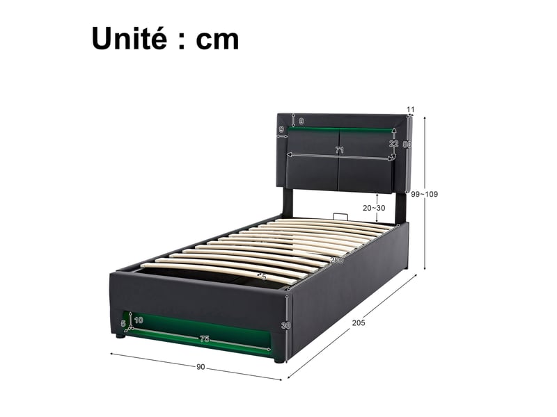  Lit simple rembourré 90x200 cm en pu noir avec usb, recharge sans fil, led et rangement sous le lit, sans matelas  - Conforama D