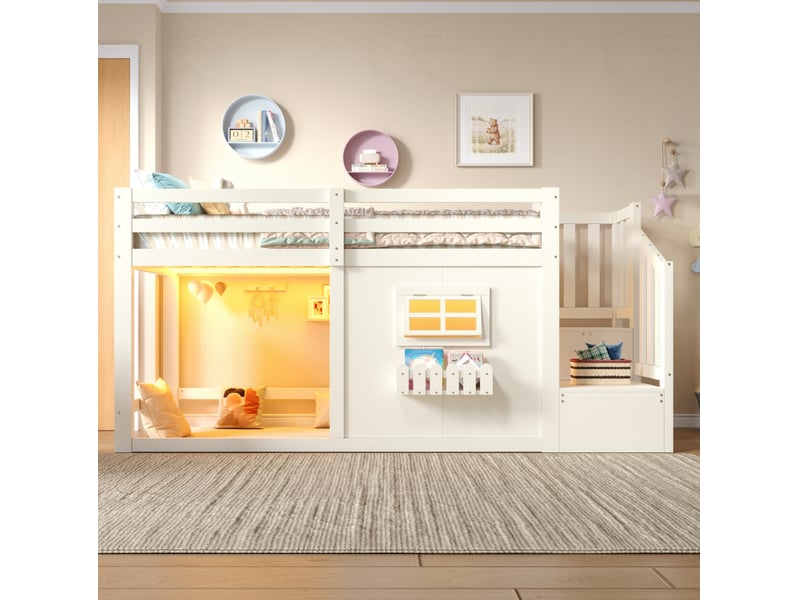  Lit surélevé enfant 90x200 cm blanc et naturel avec escalier de rangement et led  - Conforama E