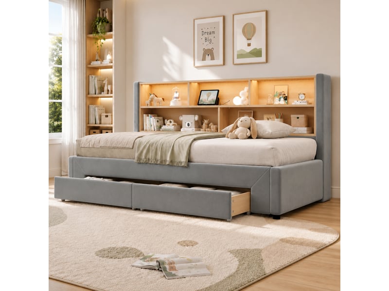  Canapé-lit 90x200 cm, lit enfant, couchage d'appoint, 2 tiroirs, extensible, led, port usb, velours gris  - Conforama C