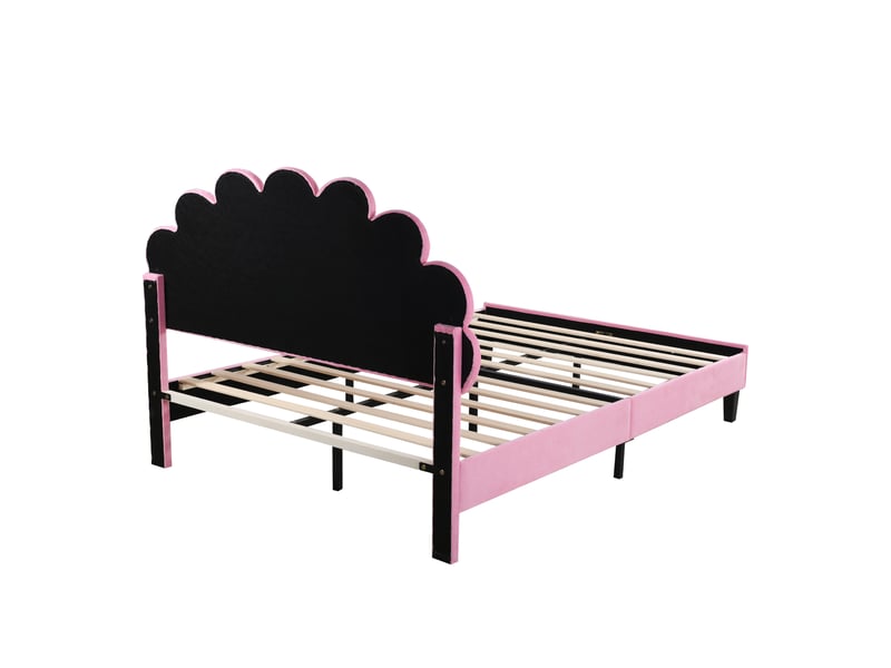  Lit double 140x200 cm en velours rose, tête de lit fleur rembourrée et sommier à lattes  - Conforama D
