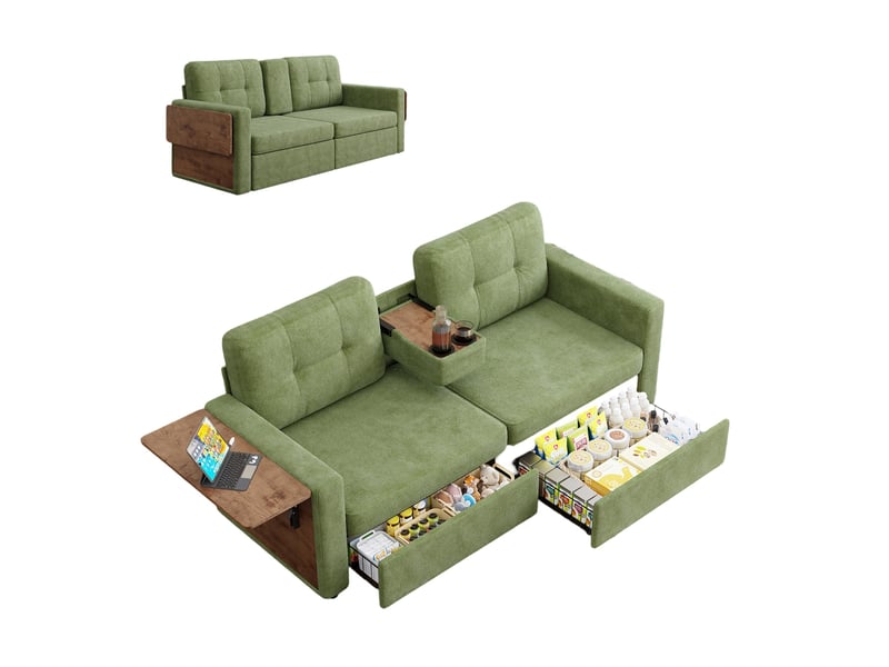  Canapé convertible 2 places 178*71*57.5 cm en chenille avec 2 tiroirs, tablettes rabattables et porte-gobelets vert chicfurn  - Conforama A