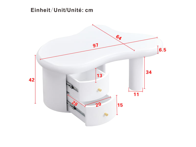  Table basse forme irrégulière 97x64x42 cm, 2 tiroirs, angles arrondis, poignées en alliage d’aluminium, mdf blanc  - Conforama C