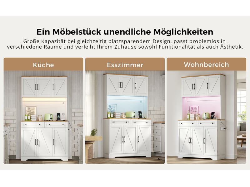  Buffet de cuisine en mdf 100x40x180 cm, organiseur coulissant, 2 tiroirs, balconnets de porte, led et prises usb  - Conforama C