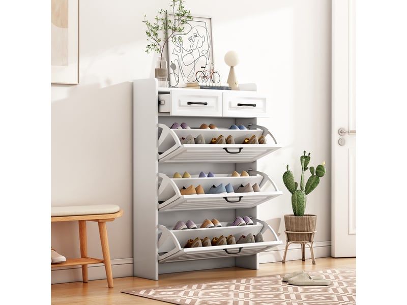  Meuble à chaussures abattant 3 portes 2 tiroirs blanc cravdom  - Conforama D