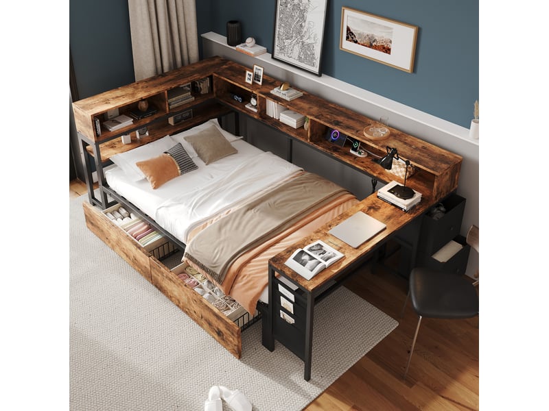 Lit avec tiroirs, lit simple 120 × 200 cm, 2 tiroirs, étagères, port de charge et table, sans matelas, noir naturel - Conforama C