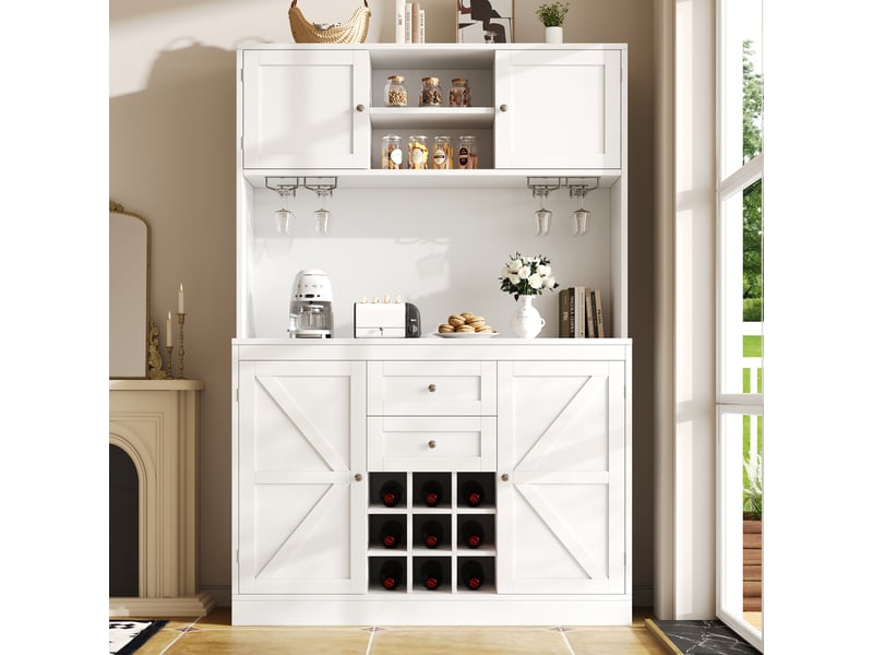 Buffet de cuisine blanc 4 portes, 2 tiroirs, étagères réglables, rangement vin - Conforama B