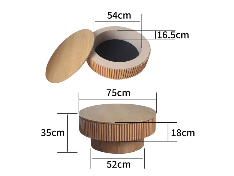  Table basse ronde 75x75x35 cm en mdf avec rangement, bois naturel  - Conforama C