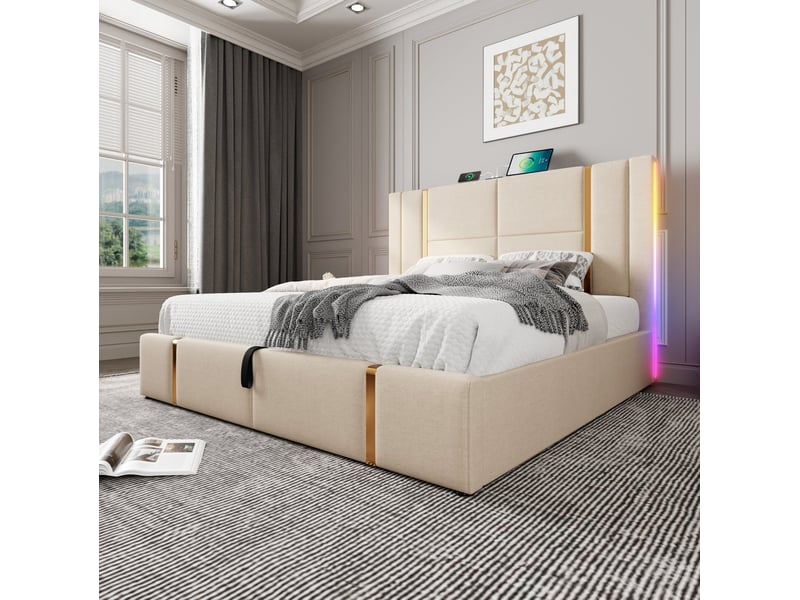  Lit coffre 2 places 140x200 cm led avec ports usb et type-c, beige, matelas inclus  - Conforama E