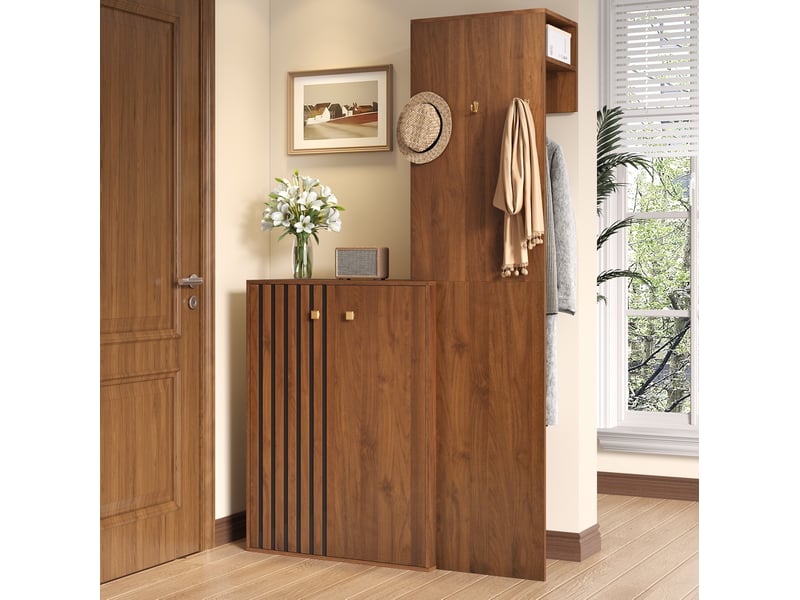  Armoire d’entrée compacte 115x38,5x191,5 cm, rangement chaussures et penderie, meuble d’entrée, confortable, mdf, noyer  - Conforama D