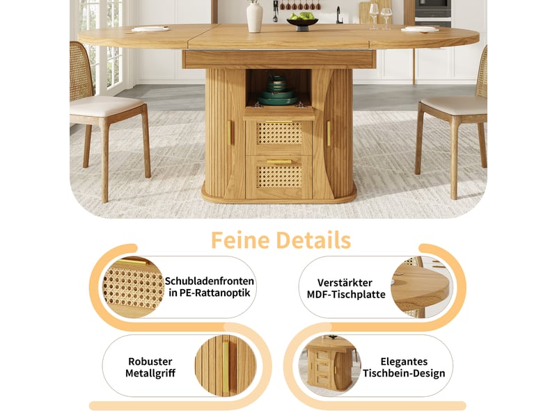  Table de salle à manger extensible 118-158x118x77,1 cm avec rangement intégré, tiroirs rotin et finition bois, mdf, naturel Sol Morn - Conforama E