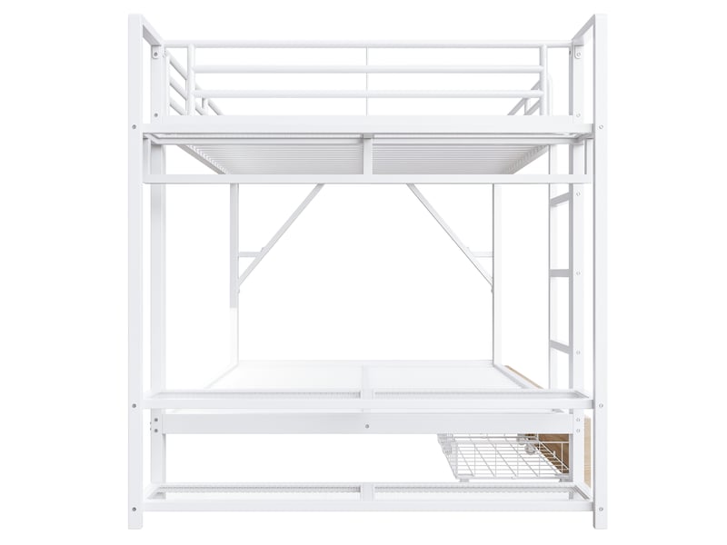 Lit superposé avec 2 tiroirs, étagères, led et penderie, métal blanc, 140x200 cm, sans matelas - Conforama A