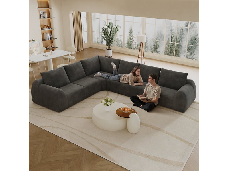  Canapé compressé 6 places, 334 x 267 x 85 cm, mousse haute élasticité, tissu chenille, sans montage, gris foncé  - Conforama E