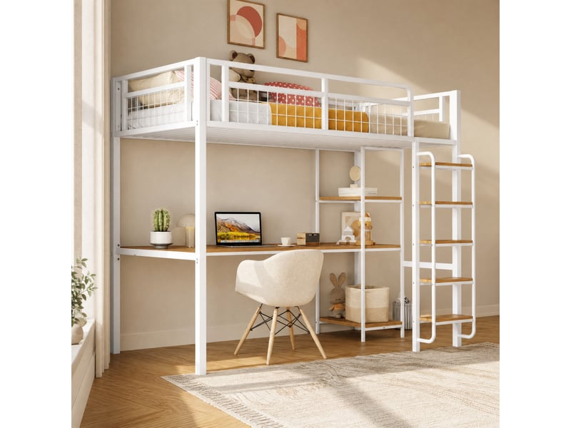  Lit mezzanine enfant 90x200 cm avec bureau et étagères, métal blanc  - Conforama C