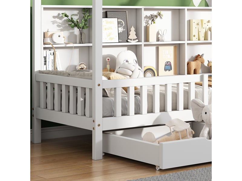  Lit cabane enfant 90x200 avec tiroirs et bibliothèque - bois massif blanc  - Conforama D