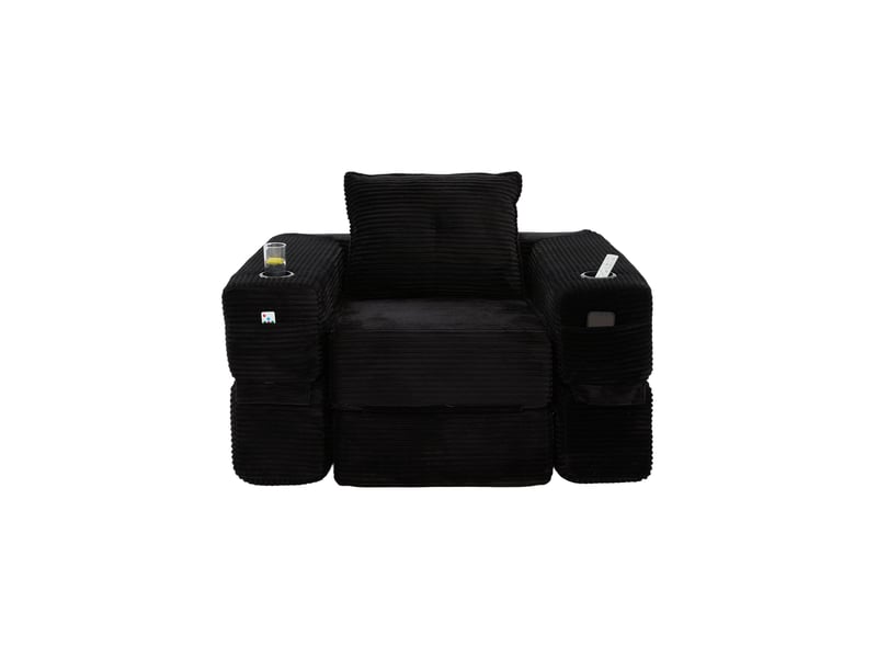  Canapé convertible 1 place en velours côtelé noir avec poches latérales et porte-gobelets  - Conforama A