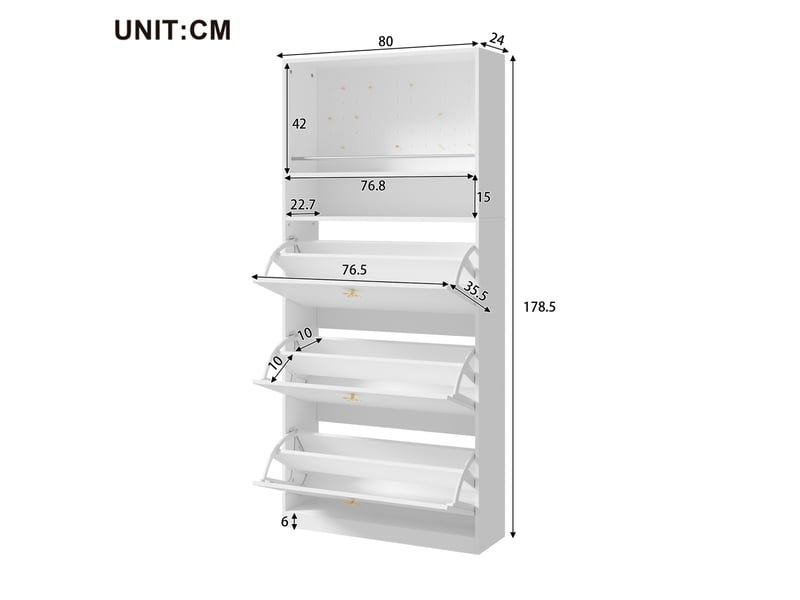  Meuble à chaussures 80x24x178,5 cm à 3 abattants et 2 niches coloris blanc  - Conforama C