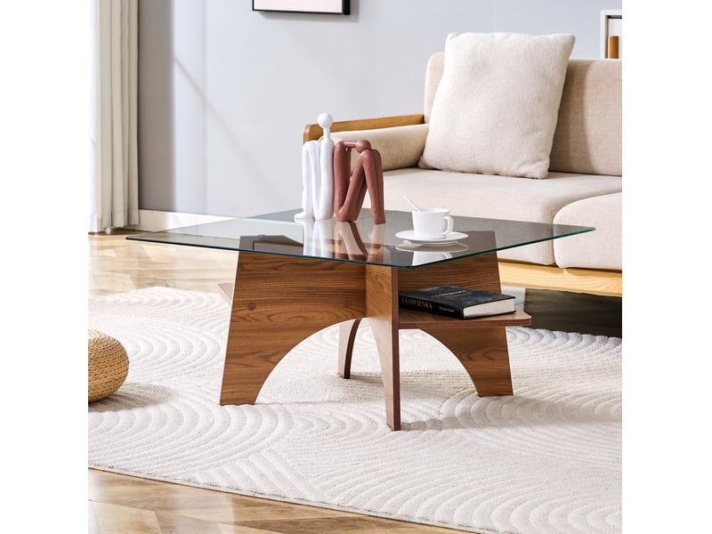  Table basse carrée fixe en verre de sécurité avec rangement, structure mdf noyer, style moderne, 80 × 80 × 40 cm  - Conforama D
