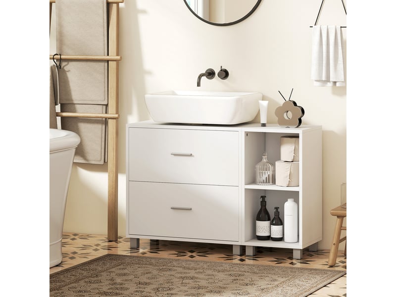  Meuble sous lavabo pour vasque suspendue sans colonne, 2 tiroirs, étagères, blanc, 90 cm  - Conforama D
