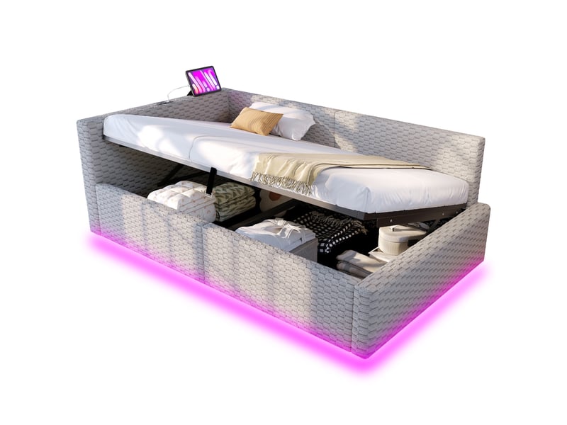  Lit banquette 90 x 200 cm gris en velours avec coffre hydraulique, dossier moelleux en l, led, ports usb type-c, rangement chambre moderne  - Conforama A