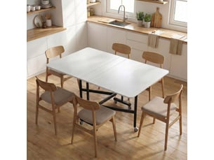 Table à manger pliante sur roulettes pour 4-6 personnes 120 cm, roues avec freins, 2 abattants, industriel, blanc noir