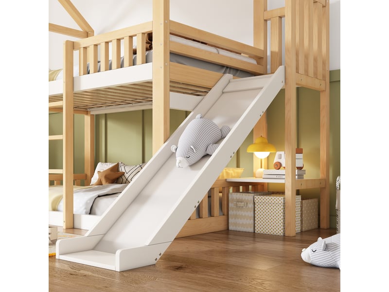  Lit superposé enfant 90x200 cabane avec toboggan et étagère, blanc et bois, pour deux enfants  - Conforama W