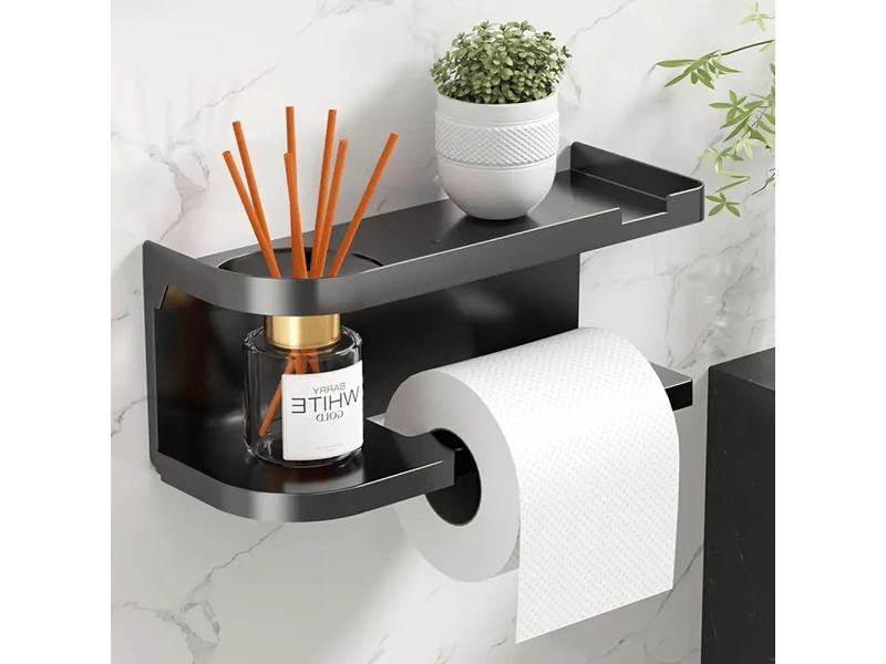  Porte-papier toilette moderne avec étagère de rangement, organiseur mural pour salle de bain, plastique noir 200 pièces  - Conforama C