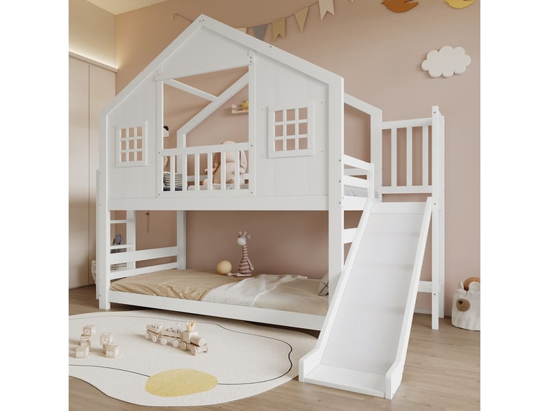 Lit superposé enfant 90x200 cm - avec toboggan et échelle - avec toit et fenêtres - bois massif + mdf - blanc (sans matelas)  - Conforama E