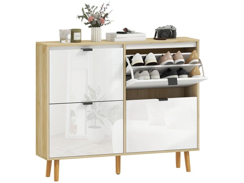  Meuble à chaussures étroit à 4 portes, blanc brillant, étagères réglables, pieds en bois, pour 20 paires de chaussures  - Conforama A
