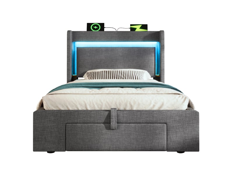  Lit coffre 90x200 cm avec sommier relevable hydraulique, matelas inclus et gris  - Conforama R