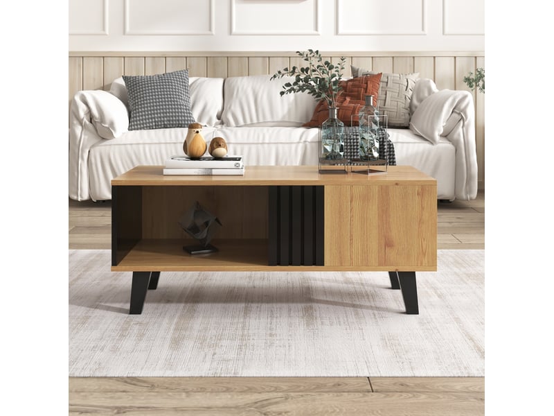  Table basse ulevr avec rangements 100 x 60 x 45 cm, panneau de particules noir et bois naturel, pieds en plastique  - Conforama E
