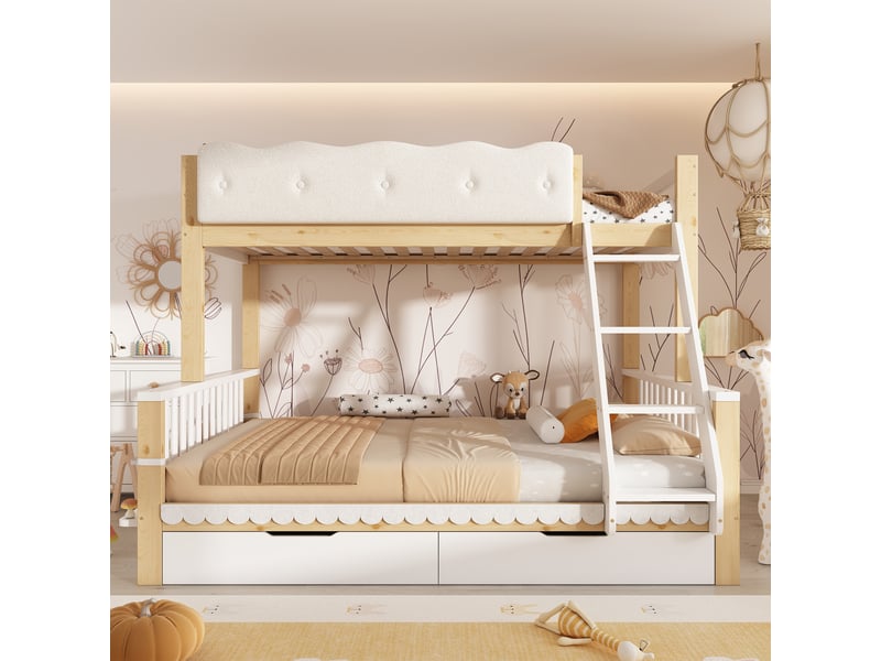 Lit superposé familial 90x200 et 140x200 cm, 2 tiroirs, porte-revues réversible, barrière nuage, bois blanc et chêne Radiant Stride - Conforama D