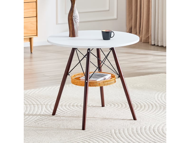 Table de salle à manger ronde 2 à 4 places avec panier de rangement ø 80 cm blanc et noyer  - Conforama C