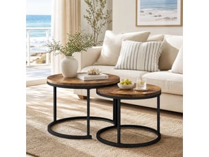 Table basse gigogne ronde 2 pièces avec structure métallique et plateau mdf effet bois pour salon moderne, marron