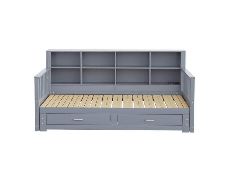  Canapé convertible en bois avec lit gigogne, rangements dans le dossier, prise électrique et deux tiroirs, gris  - Conforama E