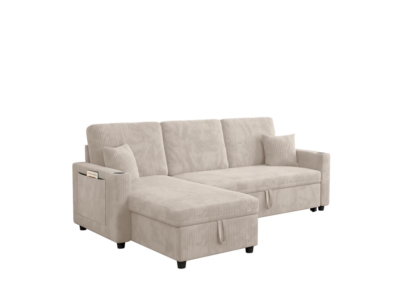  Canapé d’angle (à gauche) convertible 3 places 207,5 x 142 x 84,5 cm, avec rangement, assise spacieuse et méridienne, velours côtelé, beige OMNIGLINT TRADING LTD - Conforama A