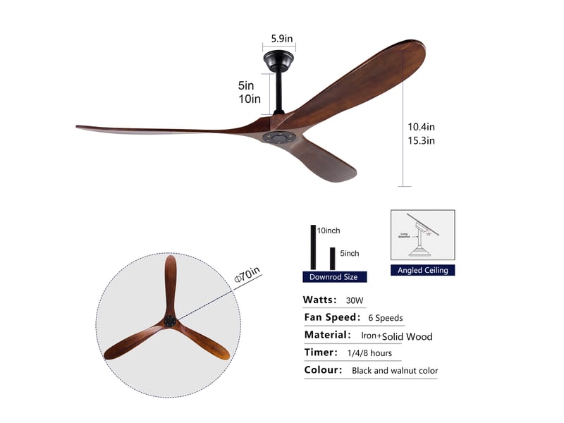  Ventilateur de plafond 183 cm sans éclairage bois massif noir et noyer foncé 6 vitesses télécommande silencieux minuterie et mémoire  - Conforama E
