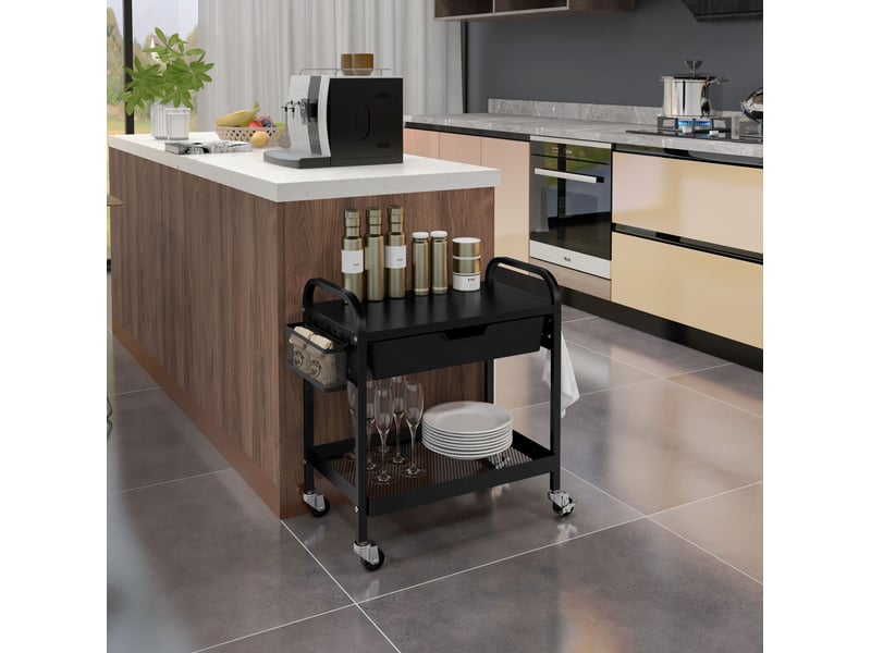  Desserte de cuisine 61 x 32,6 x 58,5 cm noire en acier laqué, 1 tiroir et roulettes avec freins  - Conforama B