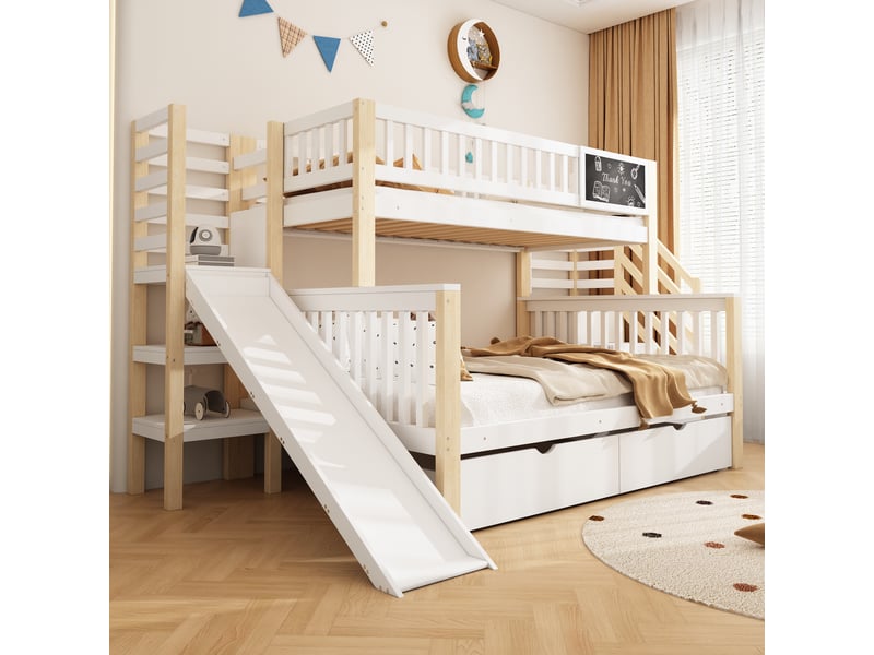  Lit superposé enfant avec toboggan 140x200 et 90x200 - rangement et escalier - bois massif blanc  - Conforama R