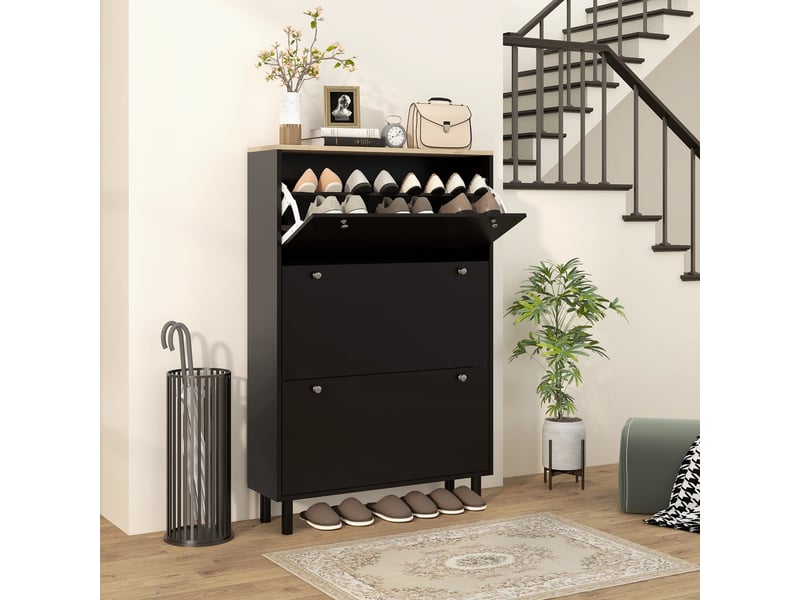  Meuble à chaussures 24 paires, armoire à chaussures étroite avec 3 tiroirs rabattables, étagères réglables, noir  - Conforama B