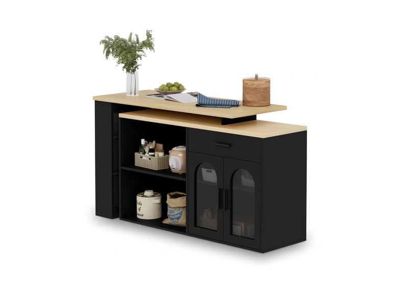  Îlot de cuisine fixe 136 x 50 cm, plateau pivotant à 360°, noir et naturel  - Conforama A