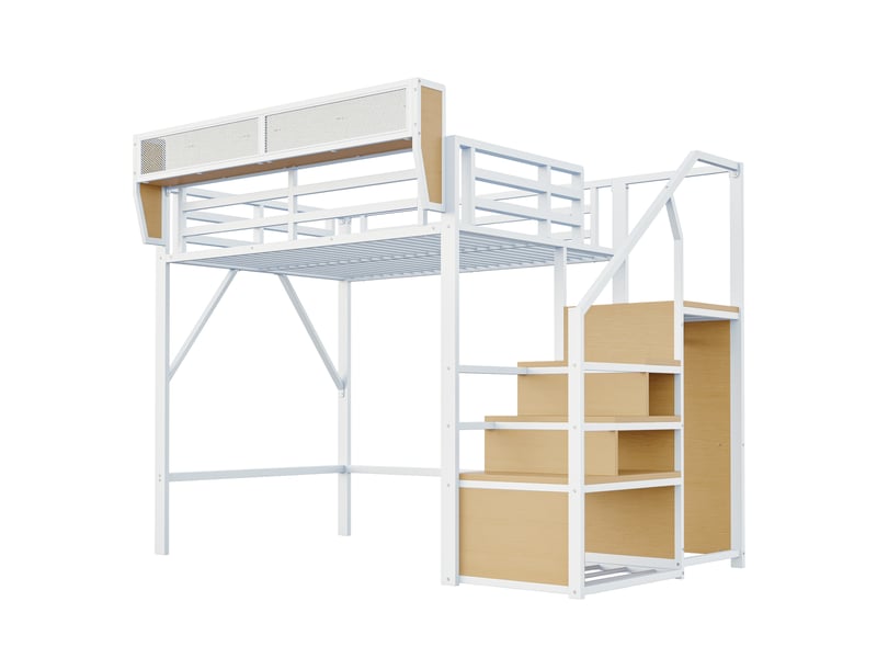  Lit mezzanine avec échelle sécurisée et rangement modulable, métal blanc, 140x200 cm, gain de place  - Conforama E