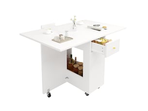 Table à manger pliable 120x75x75 cm blanche avec rangement et 2 tiroirs