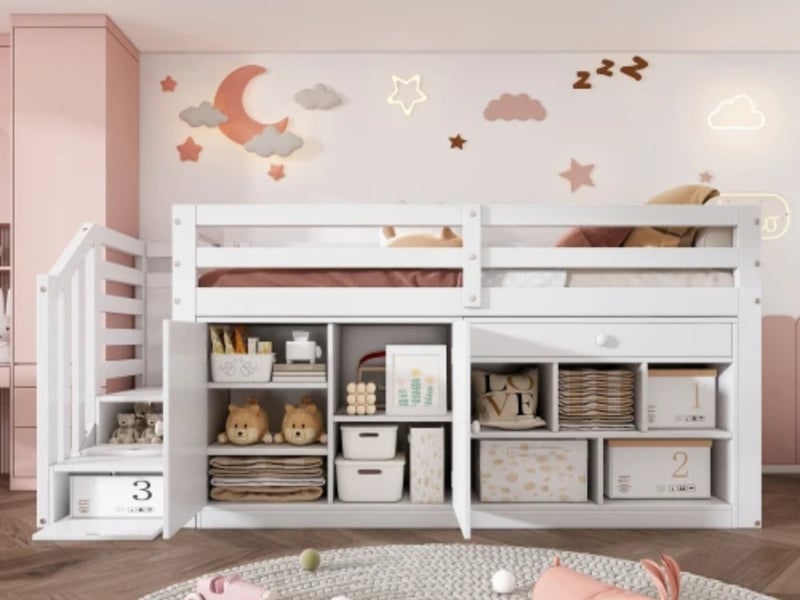 Lit enfant en bois, 90×200 cm, multifonction, escalier + rangement interchangeables, tiroirs réversibles utilisables comme bureau, blanc - Conforama B