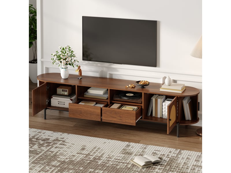  Meuble tv ovale 200 cm rotin naturel et mdf couleur noyer avec portes coulissantes  - Conforama C