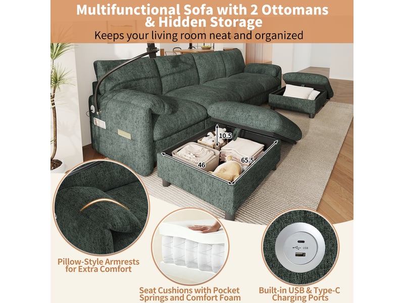 Canapé d'angle modulable 6 places, tissu chenille vert avec 2 poufs de rangement, ports usb type-c et support mobile pour grand salon - Conforama D